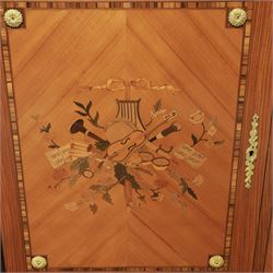 French style marquetry display bookcase, with twin glazed upper doors enclosing shelves, over a cupboard base inlaid with musical instruments and foliate decoration, the interior fitted with mirrored cupboard doors and a pull-out shelf, with gilt metal mounts and banding