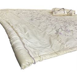 5' Kingsize headboard with stepped arch cresting, upholstered in cream silk with raised stitching decorated with trailing foliage branches and birds; matching bedspread (251cm x 218cm); two matching cushions  