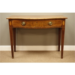  George III mahogany serpentine front side table, single book matched figured drawer, on square tapering supports, box wood stringing and inlaid shells, W115cm, H83cm, D58cm  