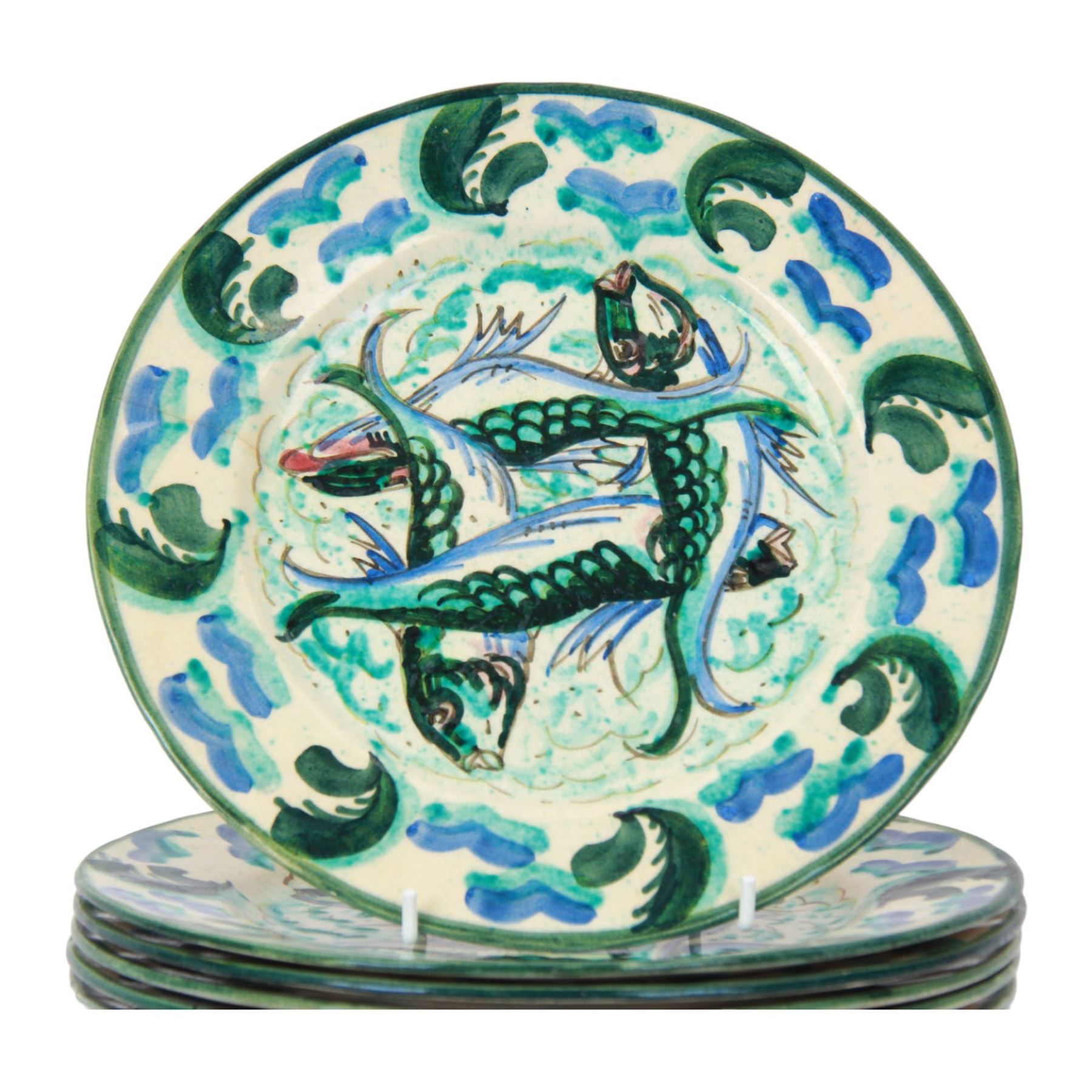 Raoul Lachenal (1885-1956), set of six French faience Iznik style plates, decorated with fish in tones of blue and green with lustre finish, each signed beneath Lachenal and monogramed, bearing Sotheby's labels, D24cm


Provenance: Lot 230, Collection de Ceramiques francaises, verreries, tableaux, documentations, provenant de la Villa Clara Schumann, Sotheby's, 16th December 2005
