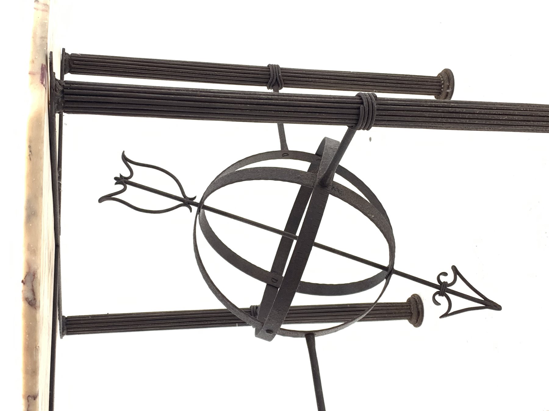 Architectural table, circular marble top on wrought metal base, cluster column supports connected by armillary sundial, D80cm, H78cm