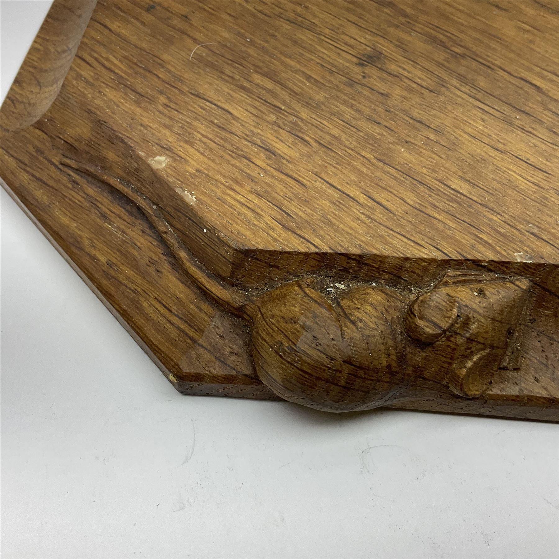 Mouseman - oak octagonal chopping board or teapot stand, moulded edge carved with mouse signature, by the workshop of Robert Thompson, Kilburn