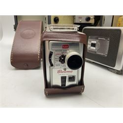 Bolex Paillard P3 Zoom Reflex camera body, serial no 38090, with 'B te S.G.D.G Som Berthiot Pan-Cinor 1:1.9 f=8a 40' lens, serial no. 40251438 in case, Kodak Brownie movie camera, Kodak model 2 Brownie movie camera and a Kodak 8 Movie Projector A-15G and other camera equipment 