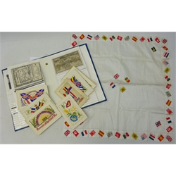  Collection of twelve WWl embroidered silk French souvenir postcards, and a qty of other Post Cards, a silk 'For Liberty & Justice' square with Allied Flag border 51cm    