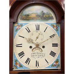 Musson of Louth - mid-19th century oak and mahogany 8-day longcase clock, with a swan’s neck pediment and ball and spire brass finial, break arch hood door flanked by reeded pilasters with brass capitals, canted angled trunk, flat topped door with concave corners, rectangular plinth on bracket feet, fully painted break arch dial with Roman numerals and minute track, subsidiary seconds dial and calendar aperture, matching stamped brass hands, eight day rack striking movement with anchor escapement. With weights and pendulum.
H206 W44 D23
Balthazar Musson from Baden (Germany) is recorded as working in Louth from 1835, naturalised 1861-8. Succeeded by his son, George Balthazar 1872-1920. 
