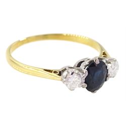 Gold three stone oval cut sapphire and round brilliant cut diamond ring, stamped 18ct, sapphire approx 0.85 carat, total diamond weight approx 0.15 carat