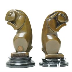 After André Bizette-Lindet - pair of Art Deco style bronze rabbits, bearing signature and foundry stamp, overall H16cm (2)