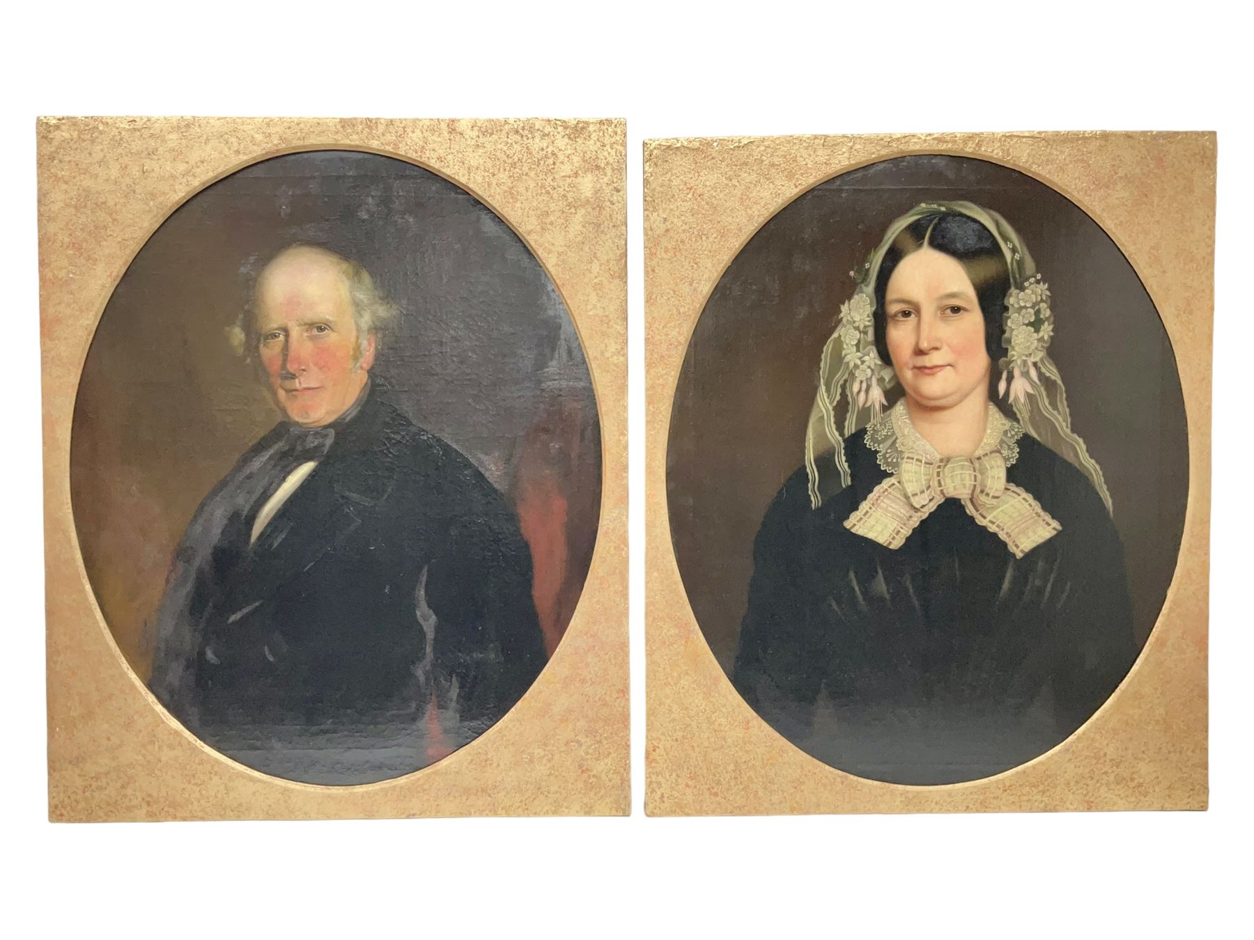 Mrs Richard Hardey (Hannah Maria Hudson) (Hull 1815-1865): George Earle (1782-1863) and Mary Foster - Half Length Portraits, pair oval oils on canvas, the latter signed and dated 1854 verso 74cm x 62cm (2) 

Notes: Hannah Maria Hudson, daughter of Wesleyan Minister Revd. Benjamin Brook Hudson and his wife Hannah, was born in Dumfries in 1815, but soon moved to Barrow upon Humber where her father was a minister. She married Mr Richard Hardey (1816-1889) on 23rd April 1840 and the couple moved to Hull. Hannah worked as a talented, if relatively unknown, portrait painter, working under the name of 'Mrs Richard Hardey'. Sadly, Hannah developed breast cancer and died in January 1865, while Richard went on to work as a successful portrait photographer. 

George Earle Jnr was the son of George Earle Snr (1748-1827), who migrated to Hull c.1777 and established himself as a stonemason, architect and speculative builder, and Mary Hargrave, daughter of stone mason and carver-gilder, Jeremiah Hargrave. George Jnr. married Mary Foster at St Mary's Church, Sculcoates on 19th February 1811, and, alongside his brother Thomas, established a business as Hull merchants who were, for a time, the town's leading importers of slate, stone, and Italian marble. In the 1851 census, he is listed as a 'Merchant, Ship Owner & Cement Manufacturer'. George Jnr's nephews Charles Foster Earle (1819-1870) and William Joel Earle (1824-1871) would go on to found C and W Earle (Earle's Shipbuilding) in 1845, having bought the Junction Foundry from James Livingston who built the first iron steam packet in 1831.