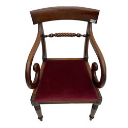 Seven early 19th century mahogany dining chairs - set six side chairs with scroll carved middle rails (W46cm), and a carver elbow chair with rope twist middle rail