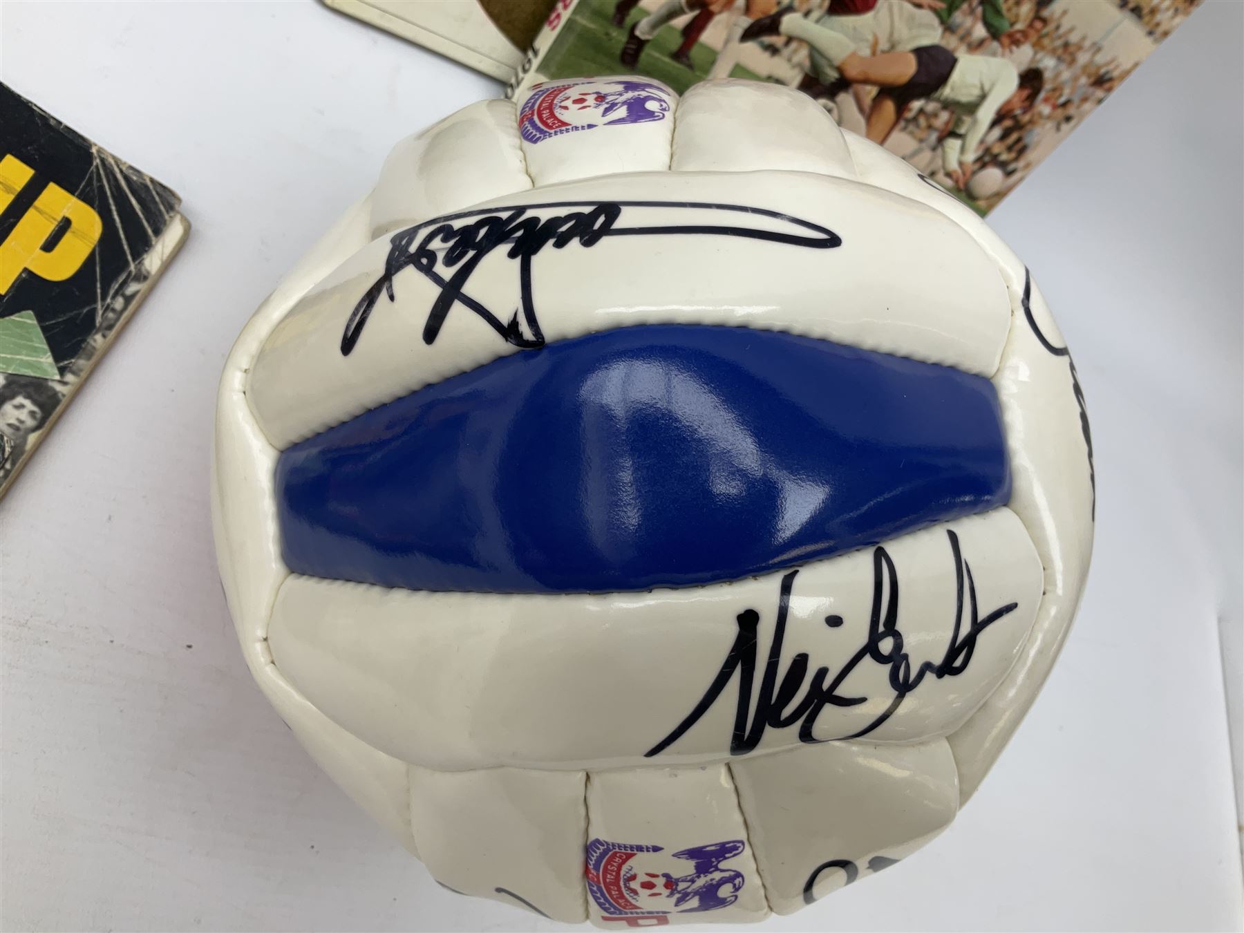 Crystal Palace signed leather football, late 1990s, including Steve Coppell, Simon Rodger, Tony Folan, Gareth Graham, Jamie Smith etc; and quantity of football books including 1966 World Cup booklets etc