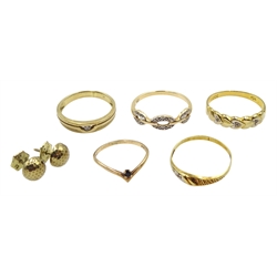 Two 14ct gold rings, 9ct sapphire ring, two 8ct gold rings and pair of 8ct gold earring, all stamped, tested or hallmarked