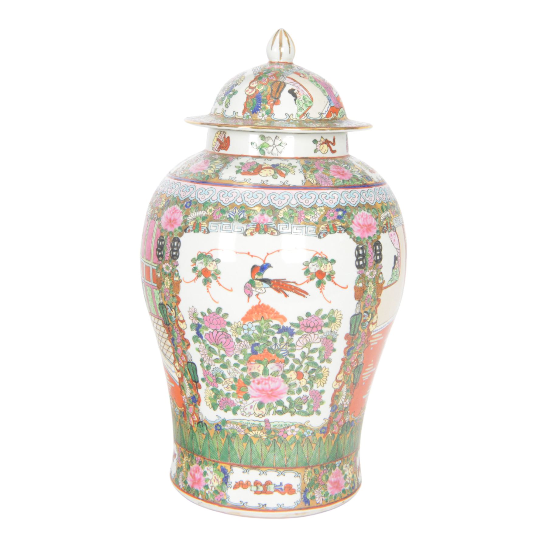 Chinese Canton famille rose vase and cover, of baluster form decorated with figural and floral scenes, within a gilt border, H50cm 