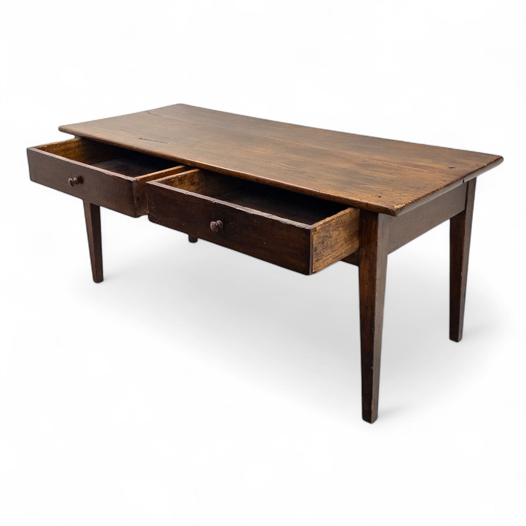 19th century provincial elm and oak farmhouse table, rectangular plank top above two frieze drawers fitted with turned wooden knobs, raised on square tapering legs