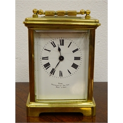  Small brass lantern clock with Smiths unadjusted 7 jewel movement, H26cm and a French brass Carriage timepiece, white Roman dial inscribed King, Saltburn by the Sea, H15cm (2)  