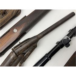 Assorted rifle and pistol spares; early Gem air rifle with sawn off barrel (piece present); telescopic sight; canvas/leather ammunition pouch; Mauser stock; barrel browning solution etc
