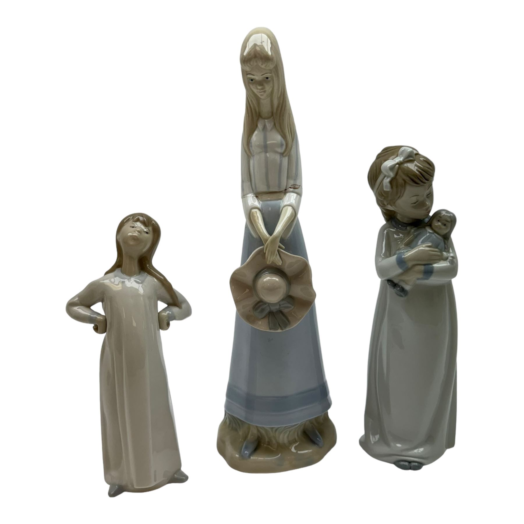 Four Lladro figures, including Market Day no 4502, Girl with Milk Pail no 4682 etc, together with five Nao figures and one other 