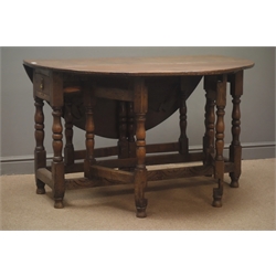  18th century & later oak drop leaf table, with fall leaves and end drawer on double gate action turned supports with stretchers, W142cm, H78cm, D133cm   