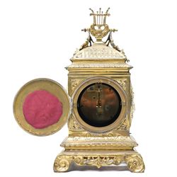 Early 20th century mantel clock with white enamel dial, French timepiece movement and recoil anchor escapement in brass case with lyre finial, trailing garlands and wreaths etc on scroll feet H30cm 
Provenance: property of a Nobleman