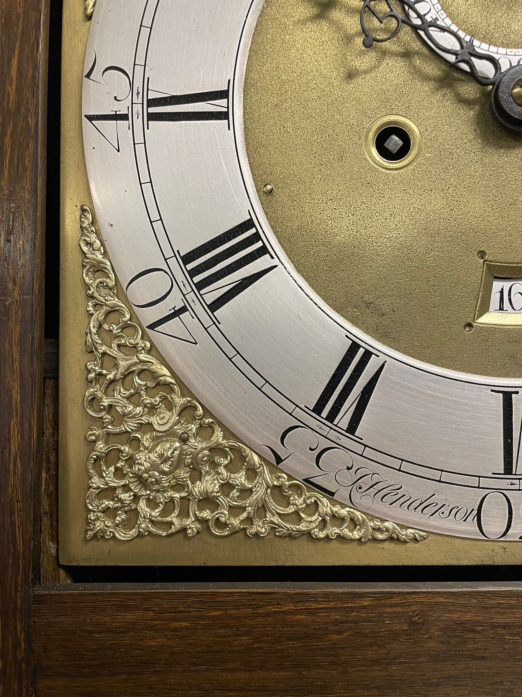 Jeremiah Henderson of Scarborough - 8-day longcase clock in an Elm case c1765,  with a flat top and broad cornice, square hood door flanked by two plain turned pilasters with gesso capitals, long trunk with a conforming door and break arch top, square brass dial with a matted centre, cast spandrels and ringed winding holes, silvered chapter ring with Roman numerals, five minute Arabic's, minute track and finely pierced matching steel hands, dial pinned to a rack striking movement with an anchor escapement. With weights and pendulum. Jeremiah Henderson was the son of Robert Henderson, the first recorded clockmaker in Scarborough. 