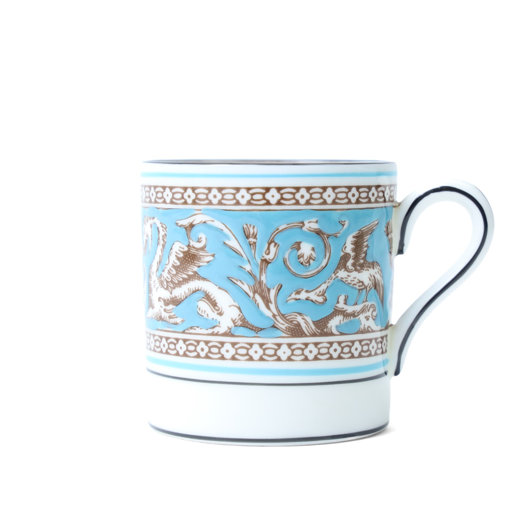 Extensive Wedgwood Turquoise Florentine part service tea, dinner and coffee service for six covers comprising six dinner plates, six dessert plates, six soup bowls and stands, pair of vegetable dishes and covers, gravy boat ad stand, oval meat plates, six tea cups and saucers, six coffee cans and saucers, six tea plates, teapot, coffee pot, sucrier and cover, sugar bowl, milk and cream jugs and cake plate, 72 pieces