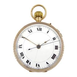 9ct gold open face keyless Swiss lever chronograph pocket watch, white enamel dial with Roman numerals, outer seconds track numbered 25-300, case by Smith & Ewen, Chester import mark 1928