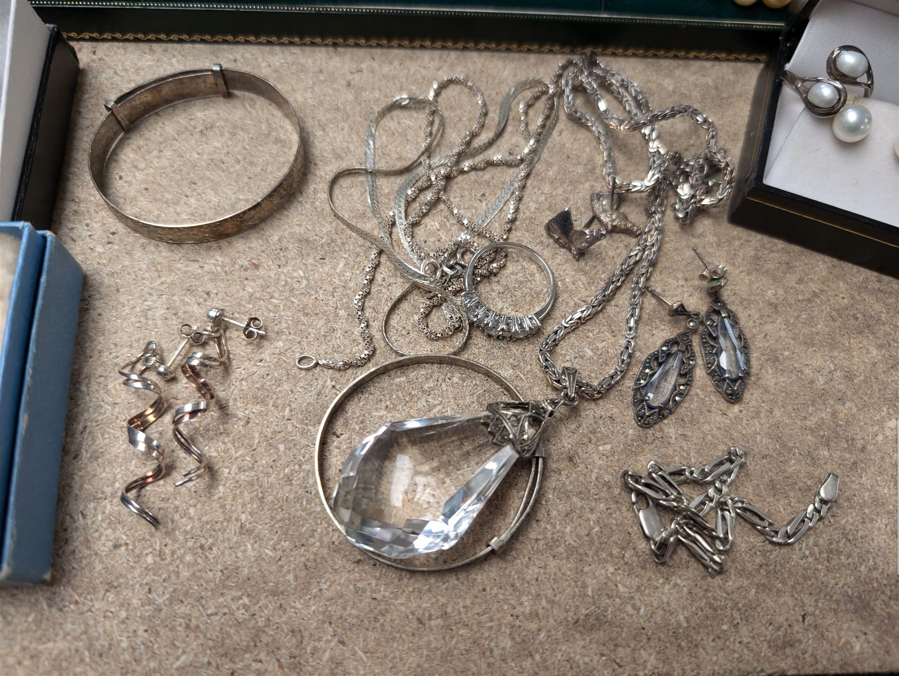 Collection of silver jewellery, including chains, brooches, bracelets and bangles, together with a collection of costume jewellery, two Skagen wristwatches and a Rotary Elite watch