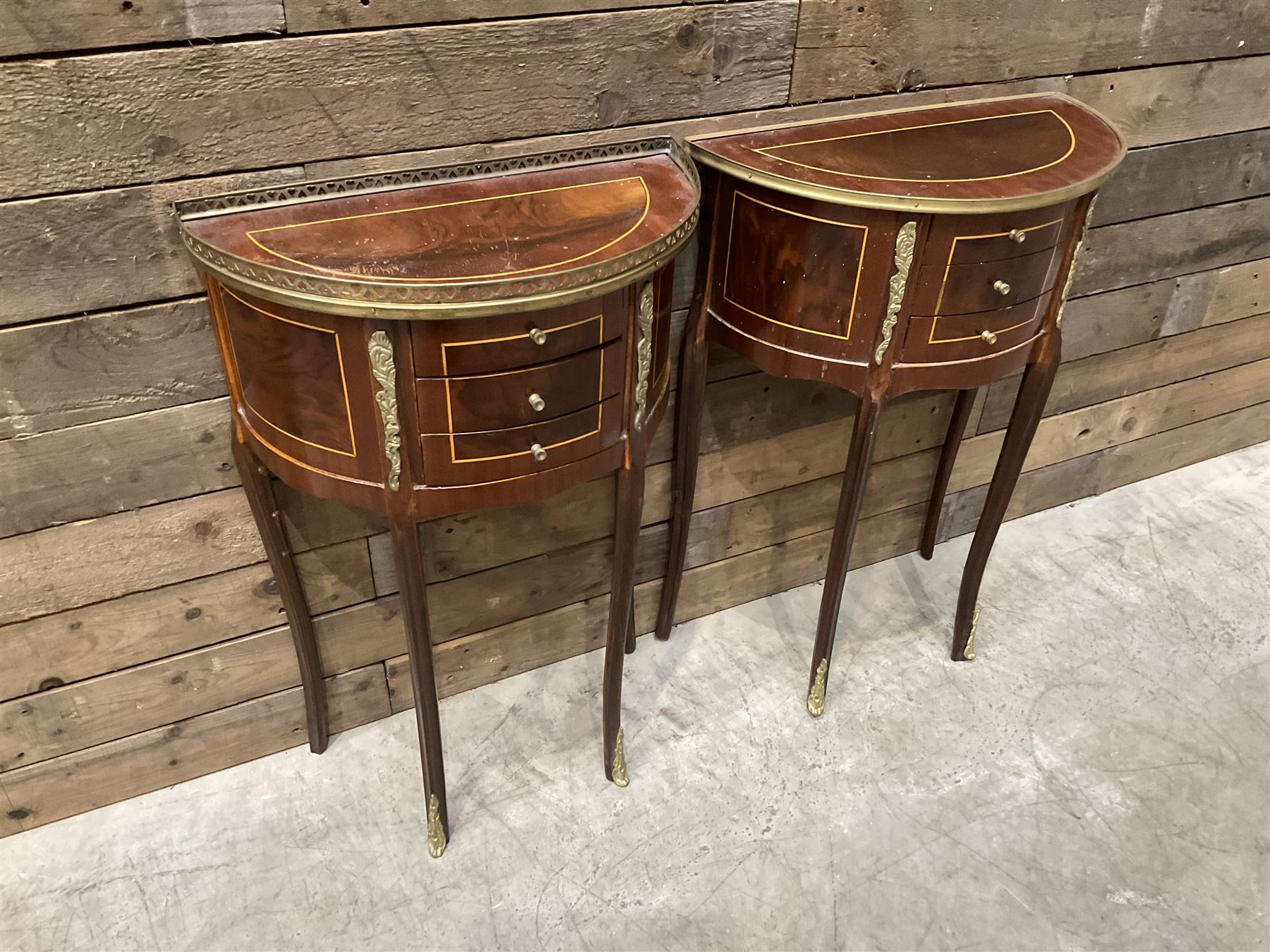 Pair French Louis XVI design demi lune side table, three drawers, on shaped cabriole legs