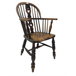 19th century elm Windsor armchair, double hoop and stick back with pierced splat, on turned supports with H stretcher
