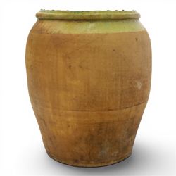Large Continental terracotta olive jar, of typical baluster form with a green glaze band decoration, H46cm