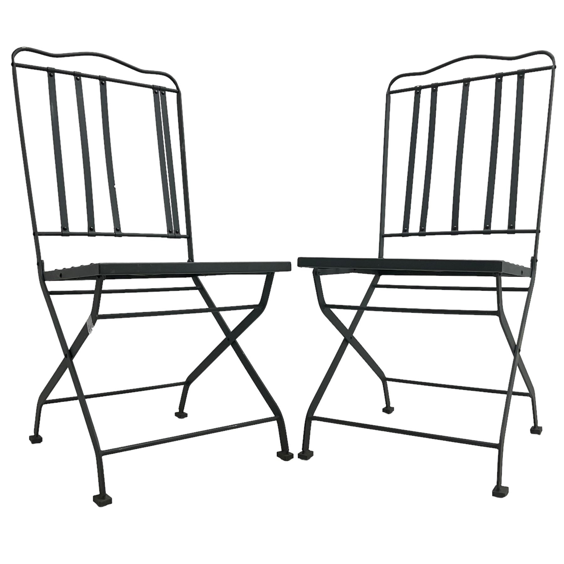 Set of six (4+2) grey finish wrought metal garden chairs, with shaped cresting rail over vertical slat back, latticework seat  - THIS LOT IS TO BE COLLECTED BY APPOINTMENT FROM DUGGLEBY STORAGE, GREAT HILL, EASTFIELD, SCARBOROUGH, YO11 3TX