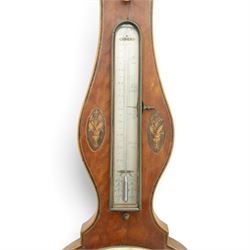 Three mahogany wheel barometers, each with silvered dial, thermometer and hygrometer, two with inlaid decoration, one with architectural pediment and one with swan-neck pediment 