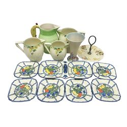 Collection of 1930s ceramics, comprising Shorter & Son jug with bird handle, set of three J.H.W & Sons graduating jugs, Clarice Cliff My Garden pattern vase and Celtic Harvest pattern cake plate and a Burleigh Ware sandwich plate set, bird jug H21cm