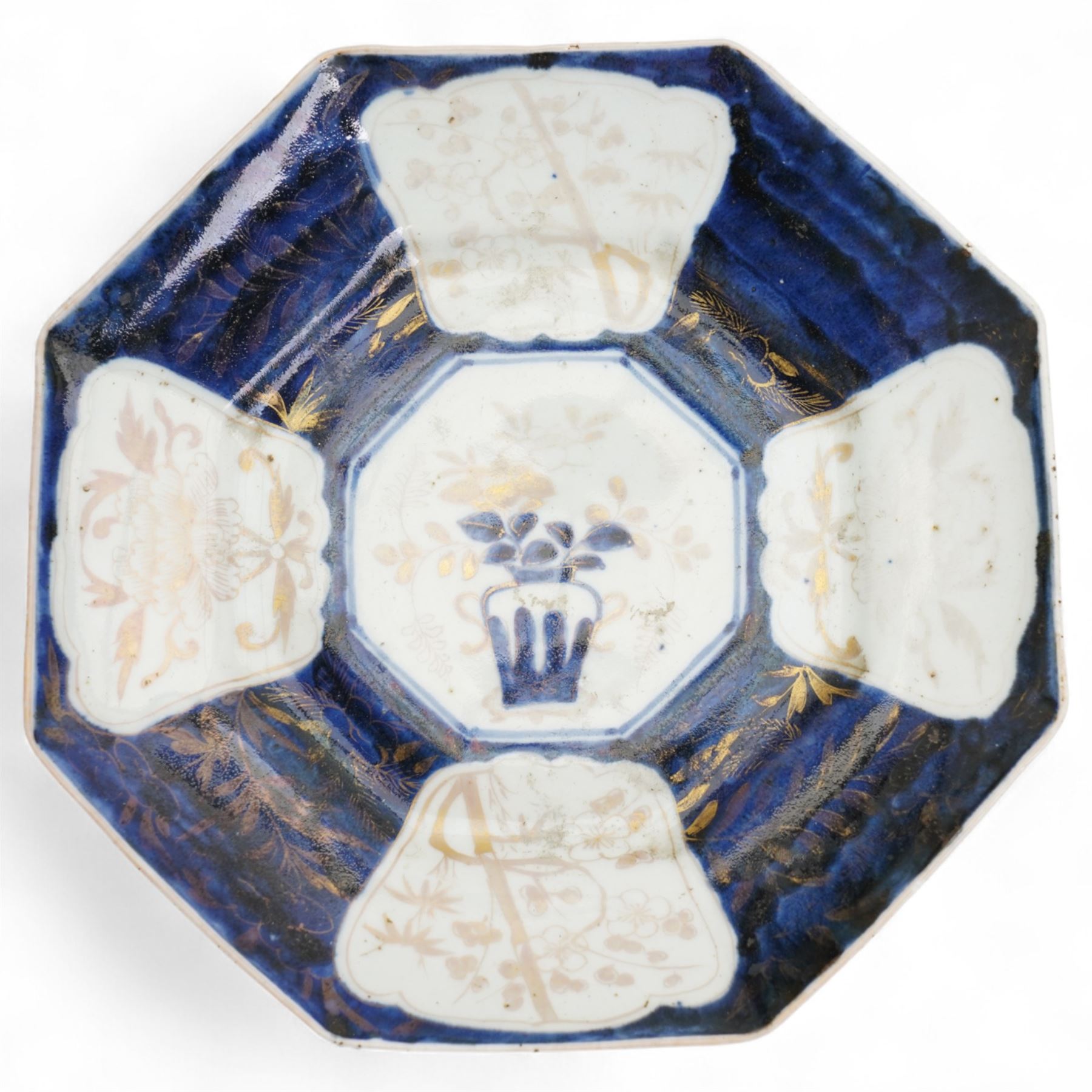 Japanese Edo period hexagonal dish with gilt decoration, Japanese porcelain to include a Seto blue and white dish, of square lobed form, four character mark to base, W18cm, Meiji Fukagawa Koransha imari circular dish on three ball feet, orchid mark to base D23cm, together with a matched pair of 19th century blue and white saucers, D16.5cm (4)