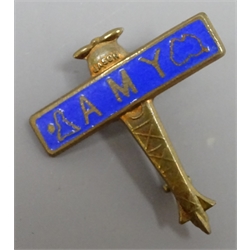  Amy Johnson Souvenir pin badge in the form of an blue enamelled aeroplane, the wing inscribed Amy with maps, RFC. approved No. 755555` by Miller, L2.5cm  
