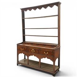 18th century Georgian oak dresser base with plate rack, the three-tier plate rack with sha...