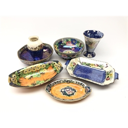  Maling Lustre 'Daisy' oval dish, and similar Maling lustre including vases, bowls and trays, in orange, purple and blue tones & matching lustre dish   