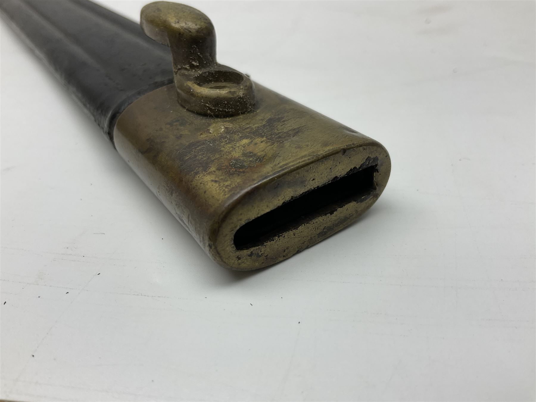 Italian Model 1891 bayonet with 30cm fullered blade; the crosspiece marked 'TERNI'; in associated brass and leather scabbard L43cm overall; and Knights Templar (?) short blade sword (no scabbard) (2)