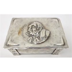  Arts & Crafts silver-plated casket, the lid embossed with a portrait of Captain Cuttle, planished finish with riveted style corners, L14cm   