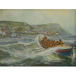  Runswick Lifeboat Coming into Shore, 19th/early 20th century watercolour signed by W. Gibson, Sailing Bats at Sea, watercolour signed by C.H. Lewis and one other max 24cm x 28cm (3)  