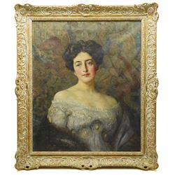 Clement B Flower (British Late 19th to Early 20th century): Portrait of an Edwardian Lady 'Miss Diane Jackson' with a Medieval Tapestry Behind, oil on canvas signed and dated 1910, labelled verso 75cm x 62cm
Notes: Clement Flower was a student at Hubert von Herkomer's art school in Bushey, Hertfordshire