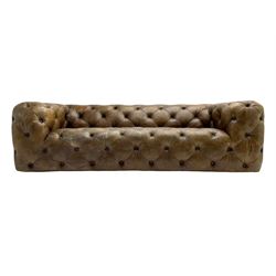 Three seat Chesterfield type club sofa, upholstered in deeply button Brazilian tan brown leather