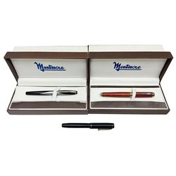 Circa 1930s Mentmore Auto Flow button fill fountain pen, the black barrel and cap with single narrow band and gold nib stamped Osmi Ridium 14ct, together with two gold nib fountain pens, each marked Huahong, the first stamped 14K 580, and second stamped 8K, both housed in Mentmore boxes (3)