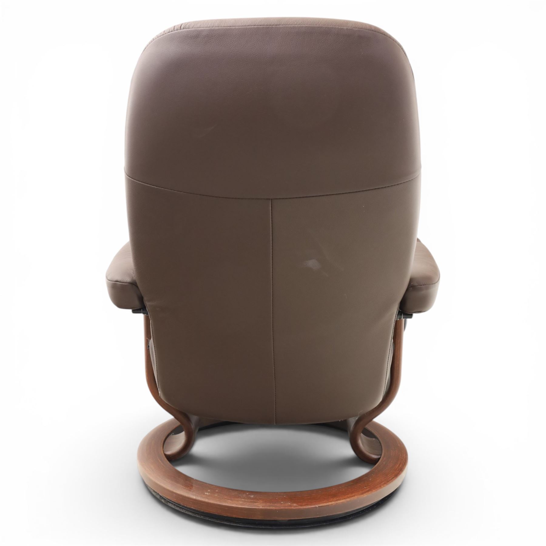 Ekornes - Stressless small brown leather recliner swiveling armchair and stool, brown leather recline with stitching, together with a matching stool, on a round base