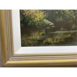 Stephen Park (British 1962-): Salisbury Cathedral from the River, oil on canvas signed 45cm x 60cm