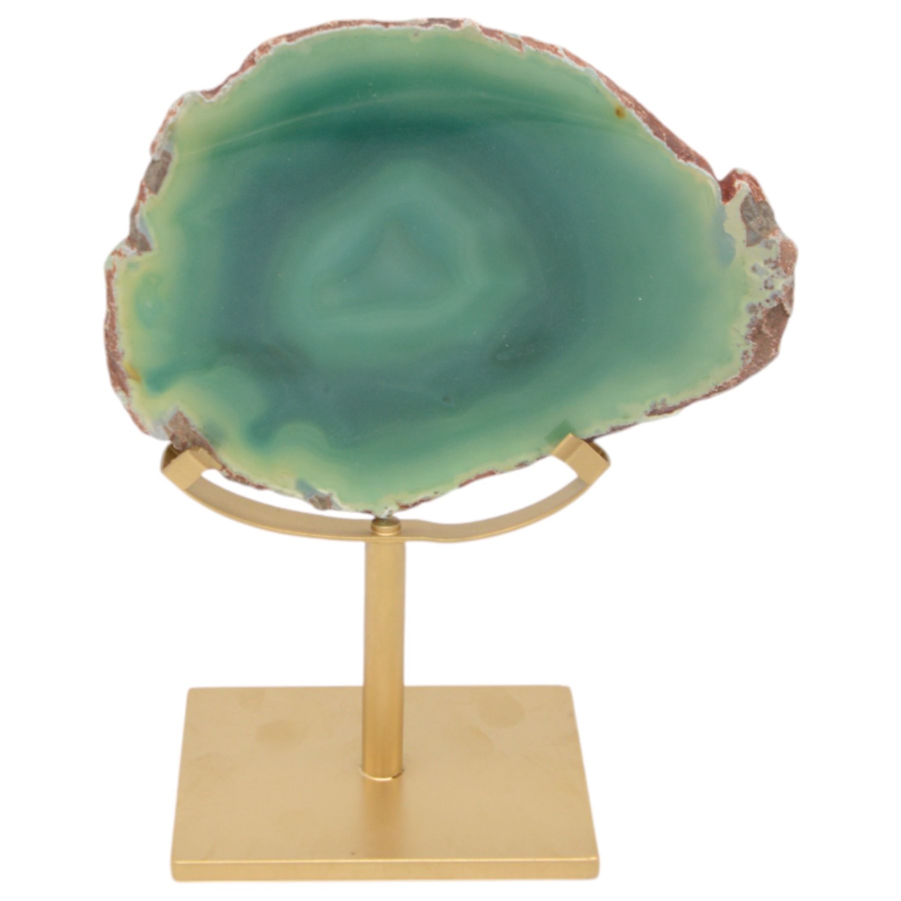 Pair of green agate slices, polished with rough edges raised upon gilt metal stands, H21cm