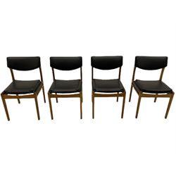 President - set of four mid-20th century teak dining chairs, original faux leather seat and back cushions, stamped underneath