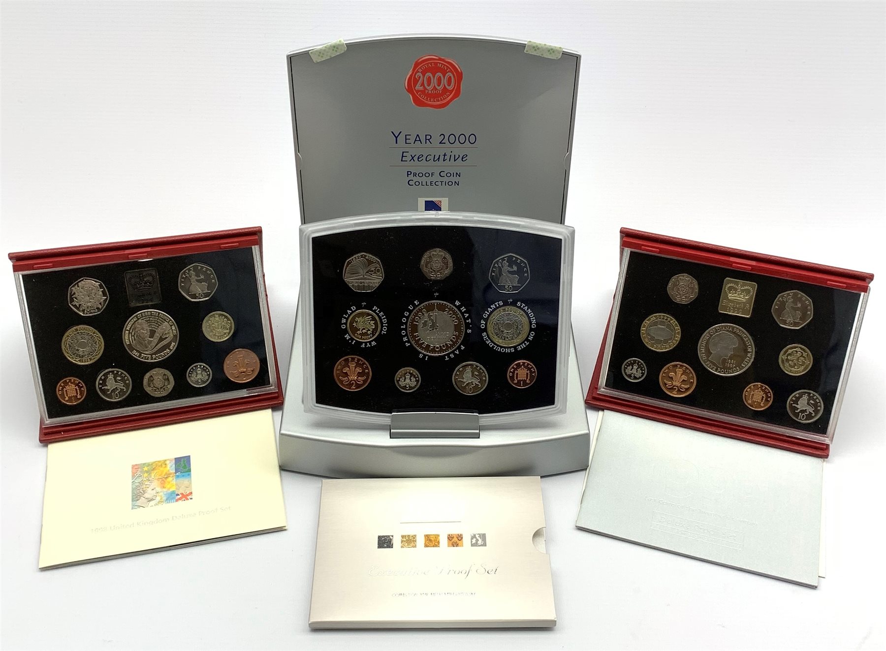 Royal Mint deluxe proof sets 1998 and 1999, both in red cases with certificates and a 2000 executive proof coin collection