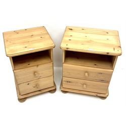 Two solid pine bedside cabinets, two drawers, turned supports (W51cm, H62cm, D39cm & W41cm, H62cm, D39cm)
