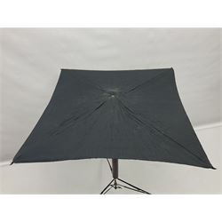 Victorian magician's cane, the mahogany walking stick twisting apart to reveal an internal mechanism, opening to tripod and black silk fold out magician's table, with horn handle and silver mount, hallmarked Birmingham 1891