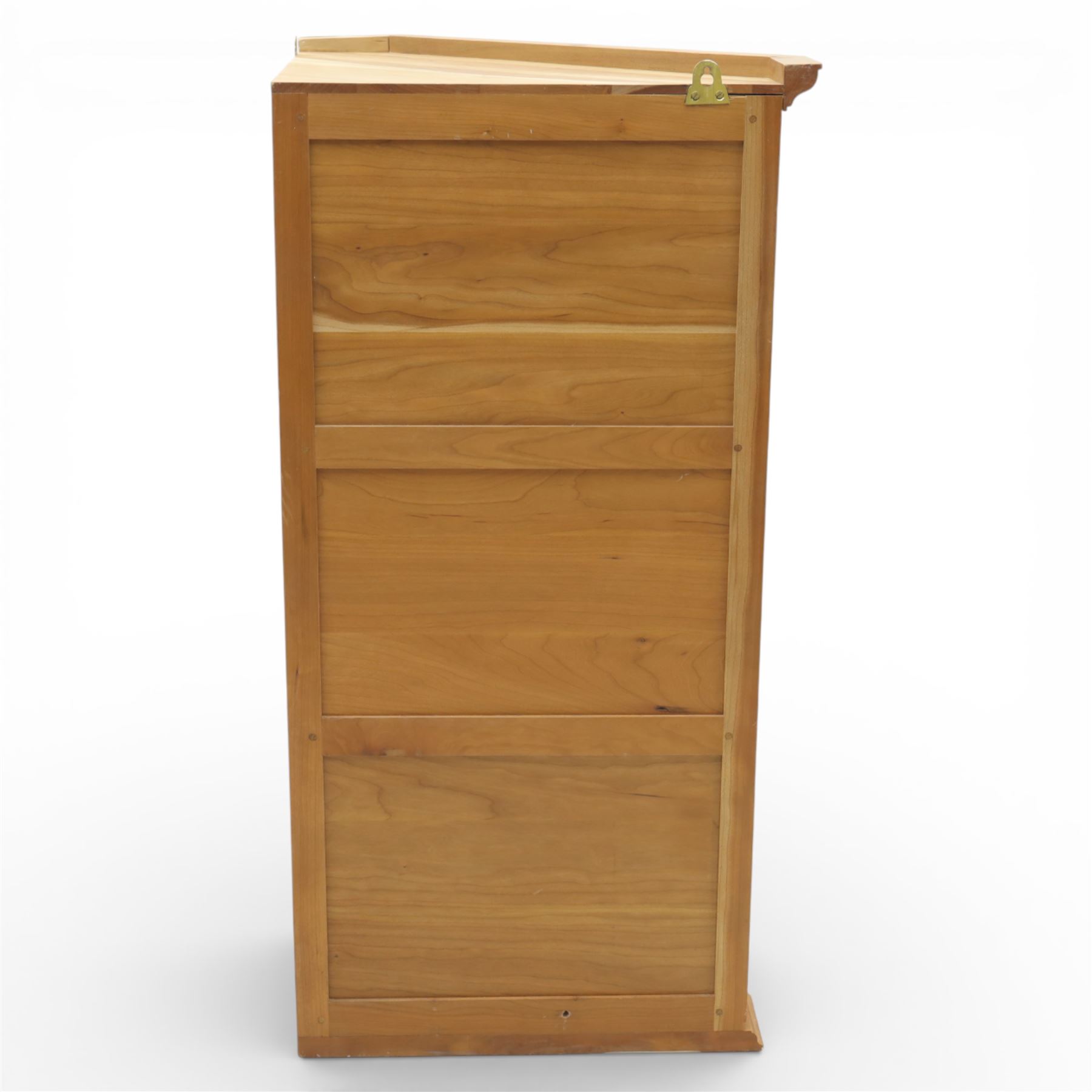 Unicornman - glazed oak corner cabinet, the triangular top with moulded cornice above a bevelled glass door, enclosing two fixed shelves, the canted front corner carved with Unicorn motif, by Geoff Gell of Coxwold